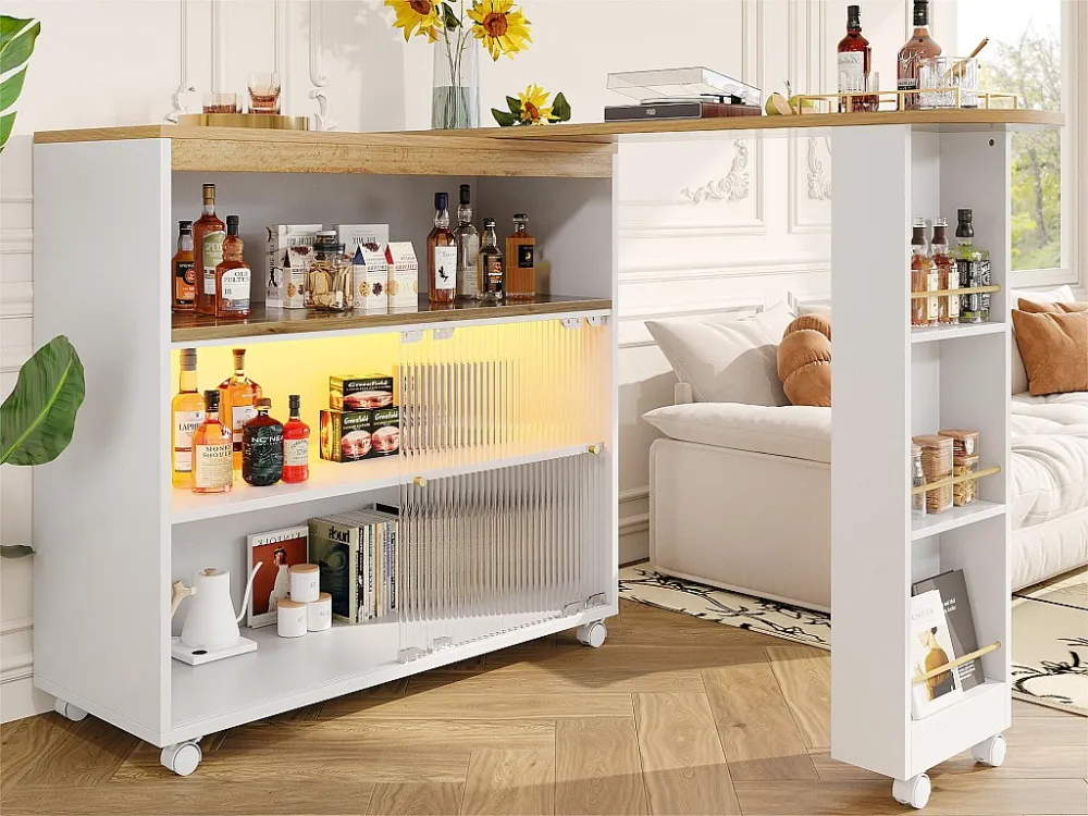 Dressoir、Draaibare en uitschuifbare barkast met LED - vakken en kruidenrek - Wit ModernLuxe