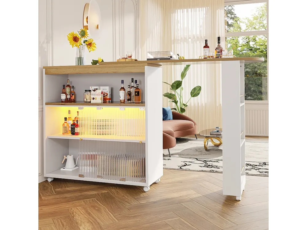 Dressoir、Draaibare en uitschuifbare barkast met LED - vakken en kruidenrek - Wit ModernLuxe