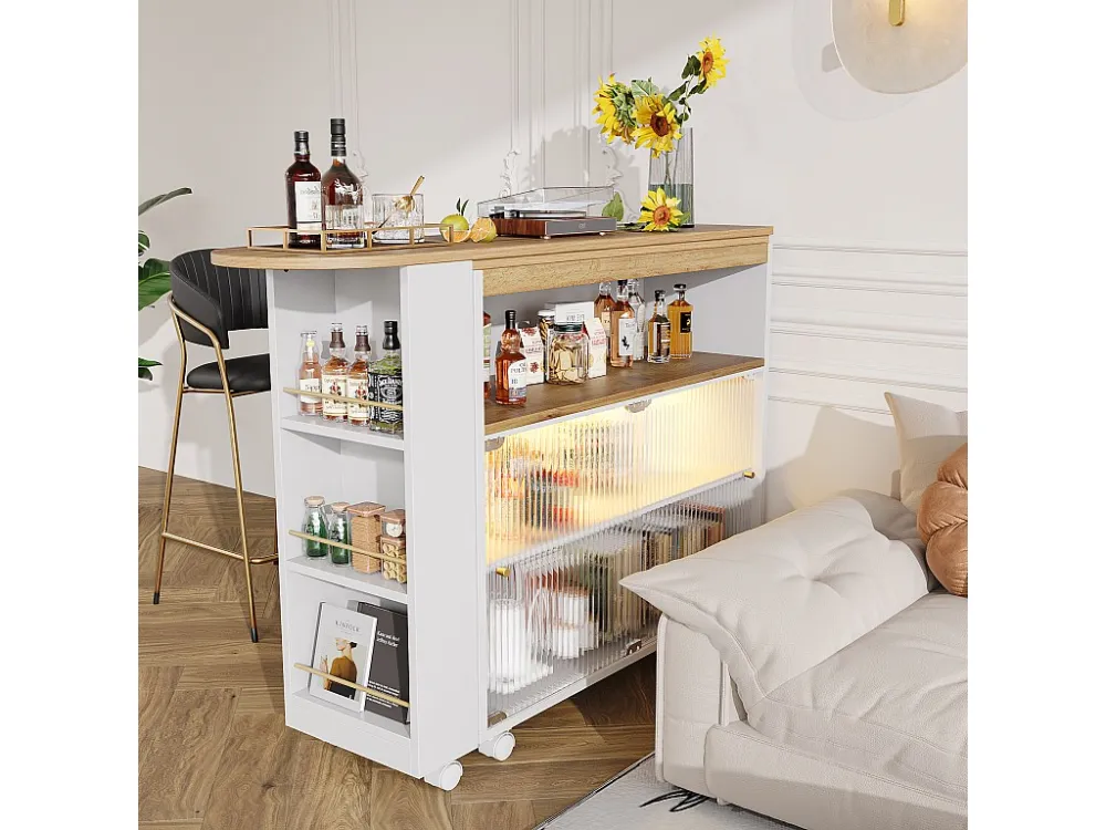 Dressoir、Draaibare en uitschuifbare barkast met LED - vakken en kruidenrek - Wit ModernLuxe