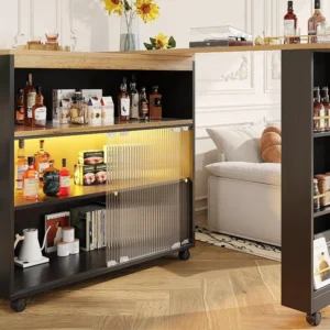 Dressoir、Draaibare en uitschuifbare barkast met LED - vakken en kruidenrek - Zwart ModernLuxe