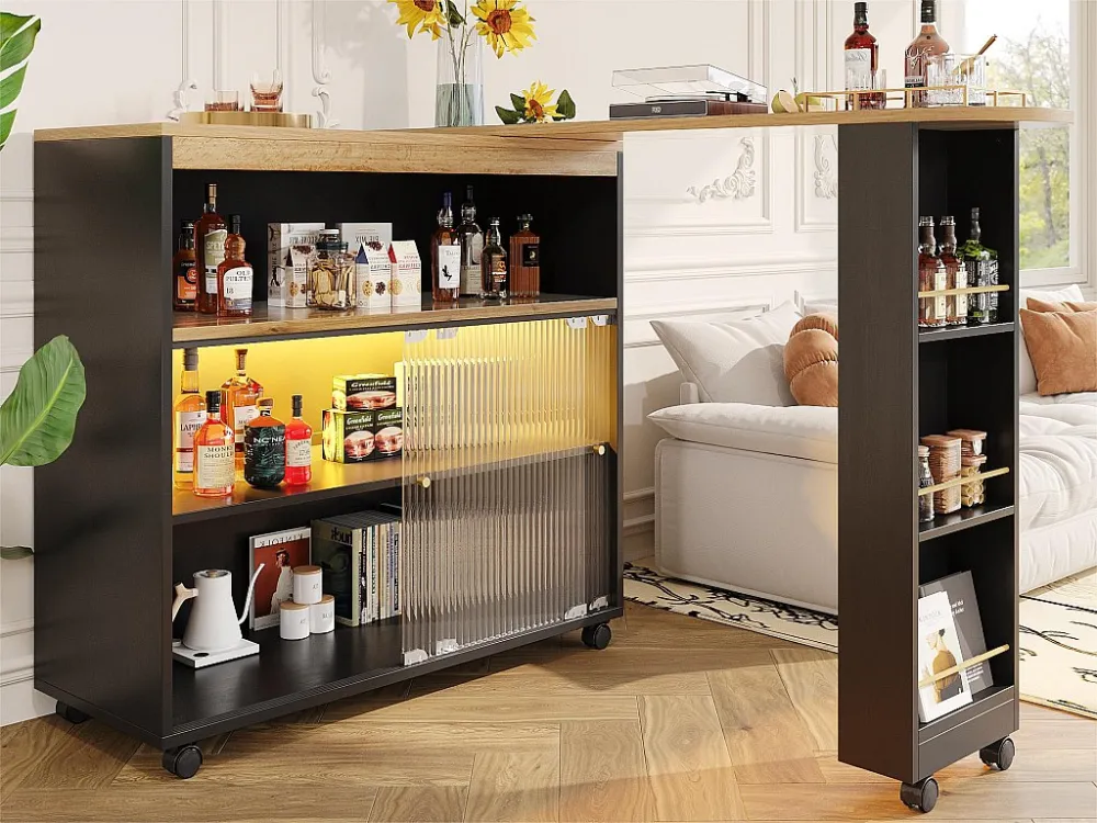 Dressoir、Draaibare en uitschuifbare barkast met LED - vakken en kruidenrek - Zwart ModernLuxe
