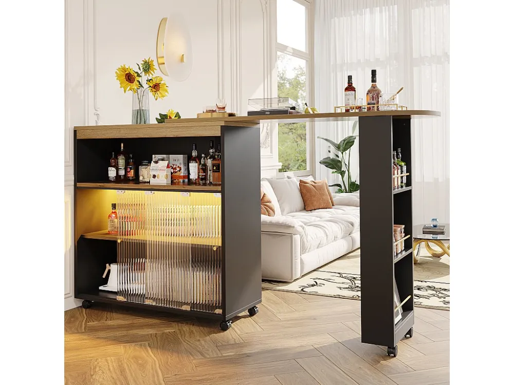 Dressoir、Draaibare en uitschuifbare barkast met LED - vakken en kruidenrek - Zwart ModernLuxe