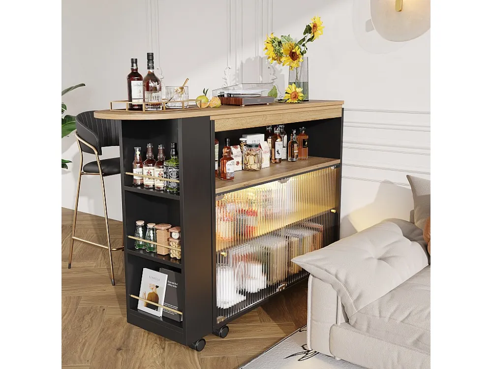 Dressoir、Draaibare en uitschuifbare barkast met LED - vakken en kruidenrek - Zwart ModernLuxe