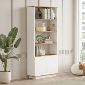 Boekenkast met 2 deuren en 4 nissen - Licht naturel en wit - LOTULA