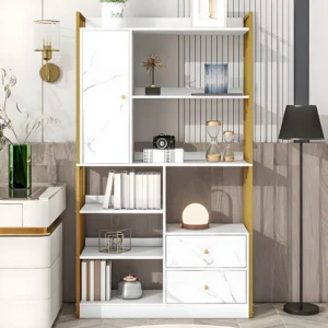 Boekenkast met 5 planken, 1 deur en 2 lades - industriële stijl - Wit & Goud ModernLuxe