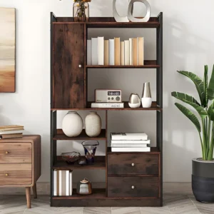 Boekenkast met 5 planken, 1 deur en 2 lades - industriële stijl - Bruin & Zwart ModernLuxe