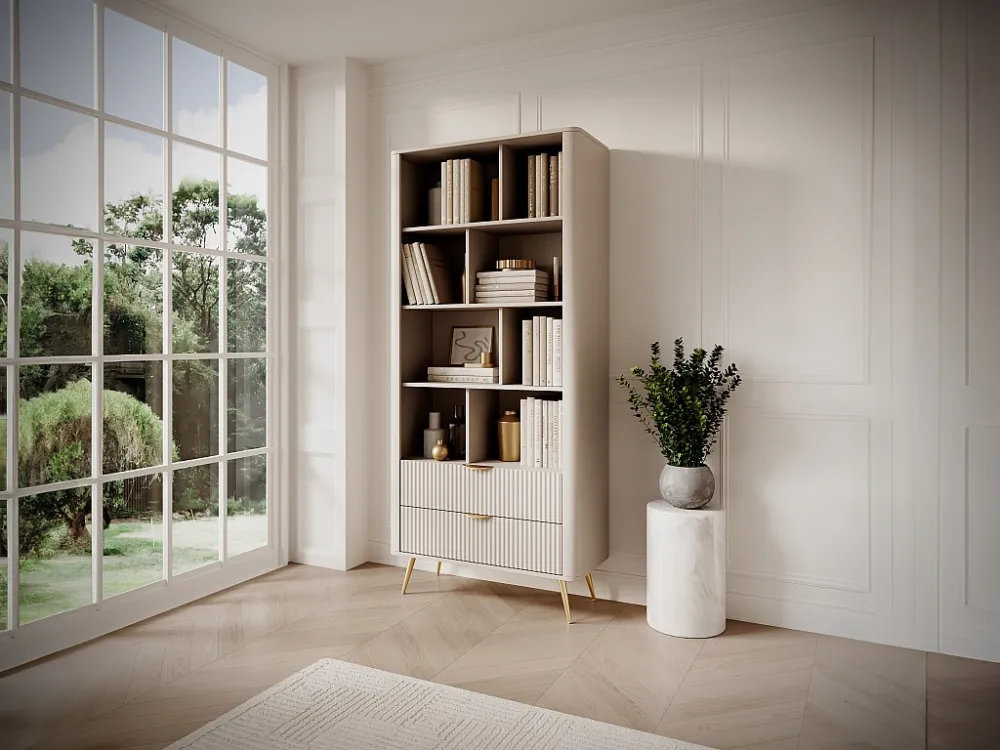Boekenkast - 2 lades en 8 nissen - Mdf - Beige en goudkleurig - ELONARIA van Pascal Morabito
