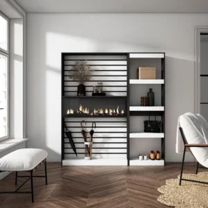 Boekenkast, Boekenplank, 170x186x25cm, Woonkamer, Eetkamer, Bureau, Elektrische haard, Wit en Zwart Skraut Home