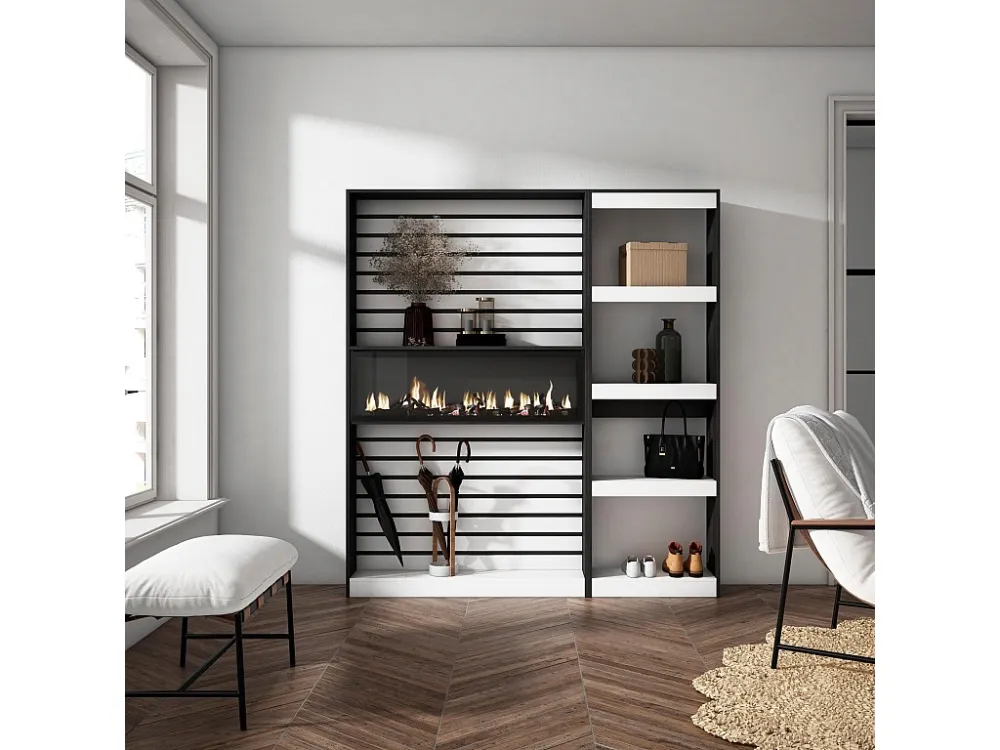 Boekenkast, Boekenplank, 170x186x25cm, Woonkamer, Eetkamer, Bureau, Elektrische haard, Wit en Zwart Skraut Home