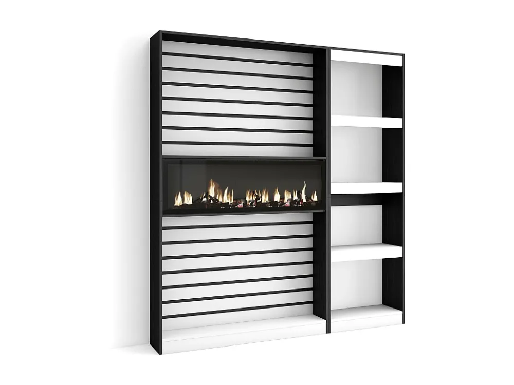 Boekenkast, Boekenplank, 170x186x25cm, Woonkamer, Eetkamer, Bureau, Elektrische haard, Wit en Zwart Skraut Home