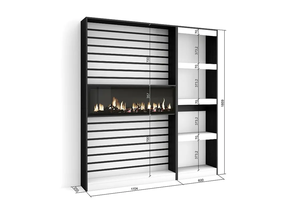 Boekenkast, Boekenplank, 170x186x25cm, Woonkamer, Eetkamer, Bureau, Elektrische haard, Wit en Zwart Skraut Home