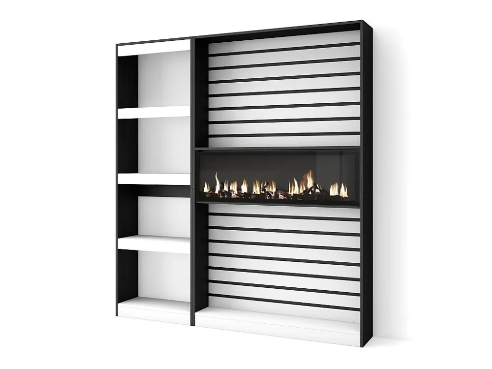 Boekenkast, Boekenplank, 170x186x25cm, Woonkamer, Eetkamer, Bureau, Elektrische haard, Wit en Zwart Skraut Home