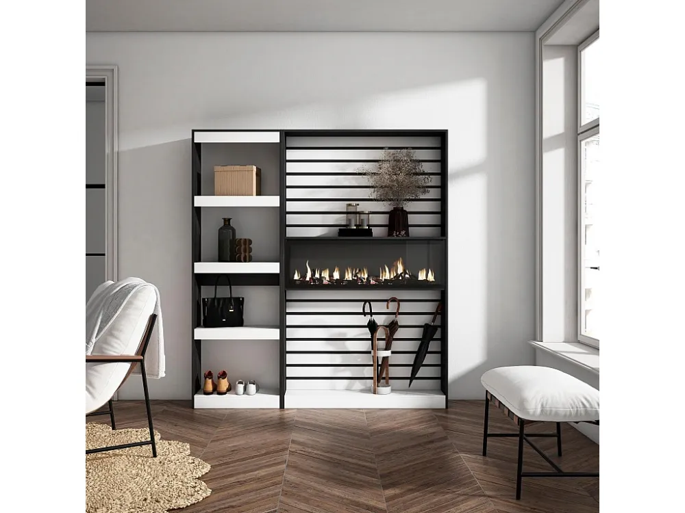 Boekenkast, Boekenplank, 170x186x25cm, Woonkamer, Eetkamer, Bureau, Elektrische haard, Wit en Zwart Skraut Home