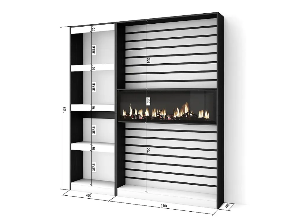Boekenkast, Boekenplank, 170x186x25cm, Woonkamer, Eetkamer, Bureau, Elektrische haard, Wit en Zwart Skraut Home