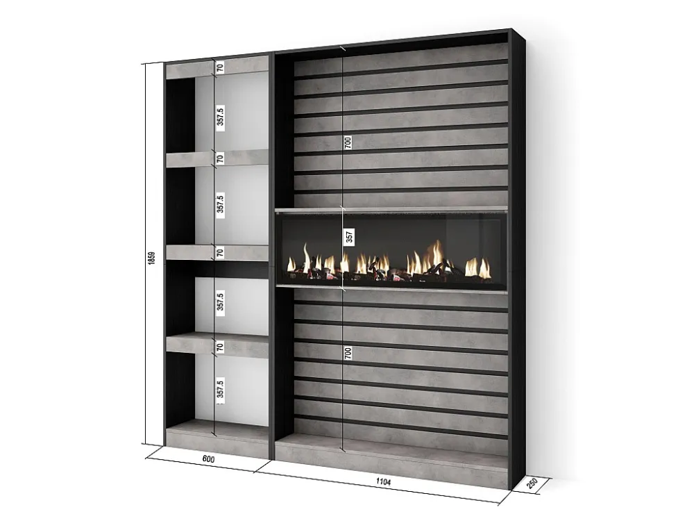 Boekenkast, Boekenplank, 170x186x25cm, Woonkamer, Eetkamer, Bureau, Elektrische haard, Cement Skraut Home