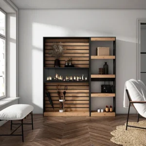 Boekenkast, Boekenplank, 170x186x25cm, Woonkamer, Eetkamer, Bureau, Elektrische haard, Eiken/Zwart Skraut Home
