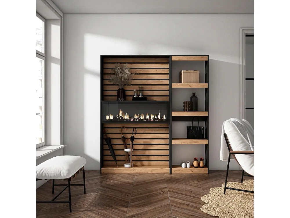 Boekenkast, Boekenplank, 170x186x25cm, Woonkamer, Eetkamer, Bureau, Elektrische haard, Eiken/Zwart Skraut Home