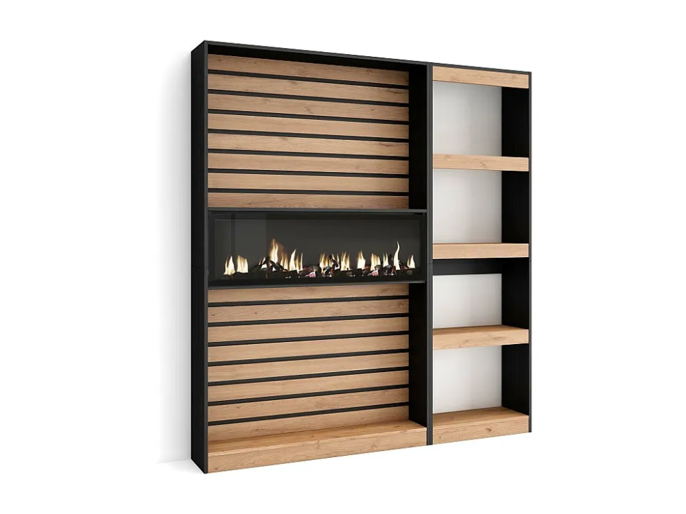 Boekenkast, Boekenplank, 170x186x25cm, Woonkamer, Eetkamer, Bureau, Elektrische haard, Eiken/Zwart Skraut Home