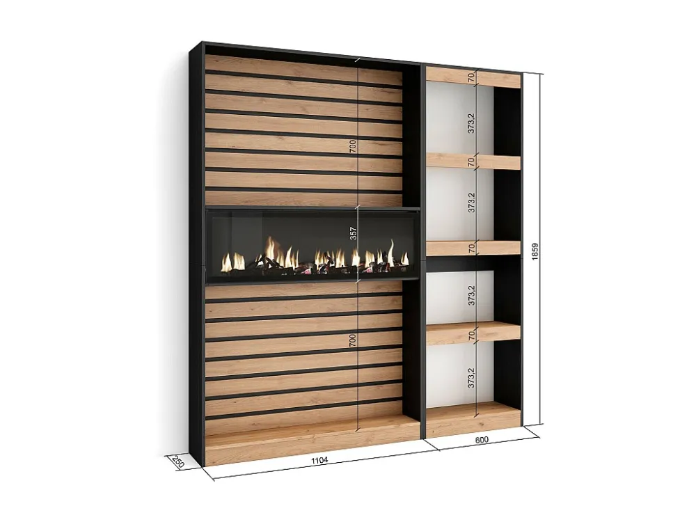 Boekenkast, Boekenplank, 170x186x25cm, Woonkamer, Eetkamer, Bureau, Elektrische haard, Eiken/Zwart Skraut Home