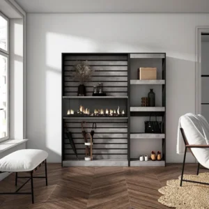 Boekenkast, Boekenplank, 170x186x25cm, Woonkamer, Eetkamer, Bureau, Elektrische haard, Cement Skraut Home