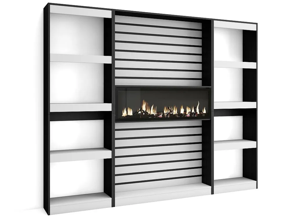 Boekenkast, Boekenplank, 230x186x25cm, Woonkamer, Eetkamer, Bureau, Elektrische haard, Wit en Zwart Skraut Home