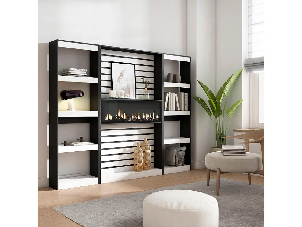 Boekenkast, Boekenplank, 230x186x25cm, Woonkamer, Eetkamer, Bureau, Elektrische haard, Wit en Zwart Skraut Home