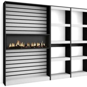 Boekenkast, Boekenplank, 230x186x25cm, Woonkamer, Eetkamer, Bureau, Elektrische haard, Wit en Zwart Skraut Home