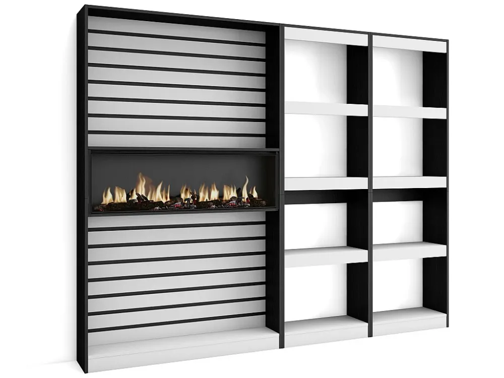 Boekenkast, Boekenplank, 230x186x25cm, Woonkamer, Eetkamer, Bureau, Elektrische haard, Wit en Zwart Skraut Home
