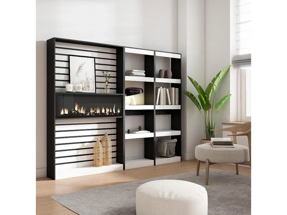 Boekenkast, Boekenplank, 230x186x25cm, Woonkamer, Eetkamer, Bureau, Elektrische haard, Wit en Zwart Skraut Home