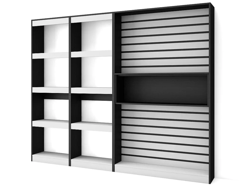 Boekenkast, Boekenplank, 230x186x25cm, Woonkamer, Eetkamer, Bureau, Elektrische haard, Wit en Zwart Skraut Home