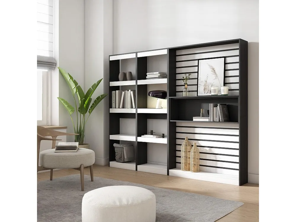 Boekenkast, Boekenplank, 230x186x25cm, Woonkamer, Eetkamer, Bureau, Elektrische haard, Wit en Zwart Skraut Home