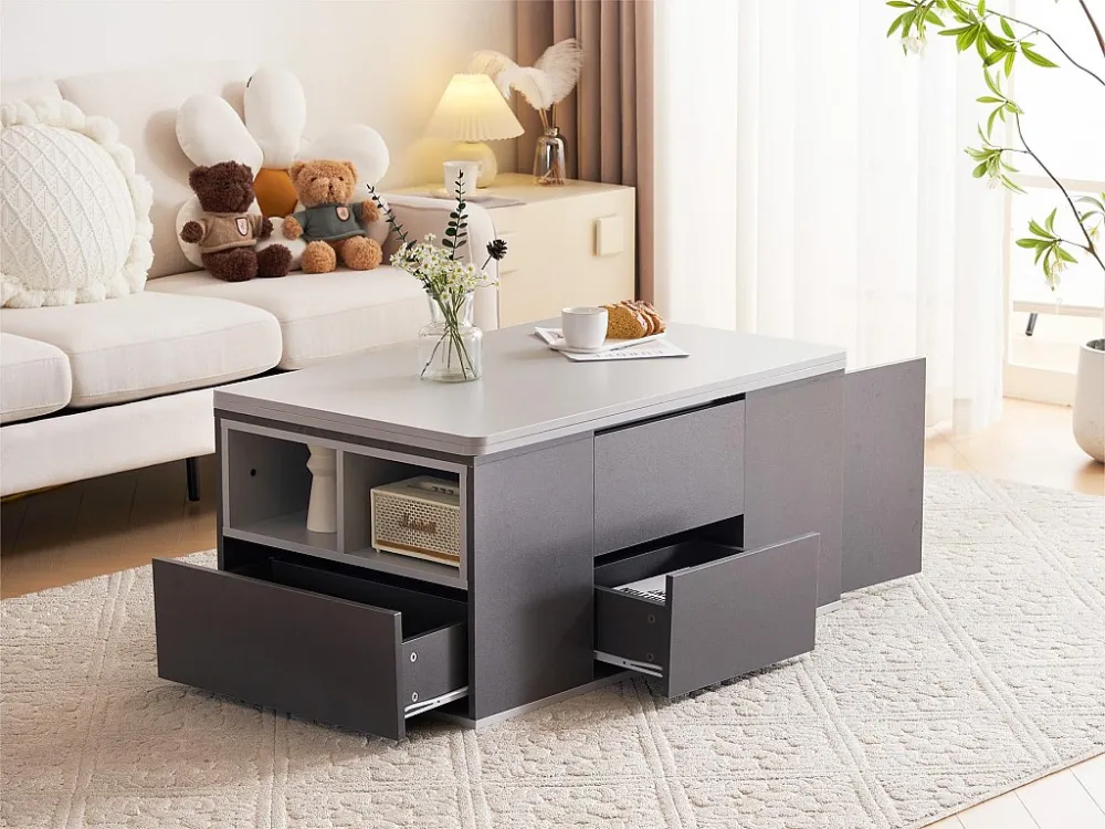 Multifunctionele opklapbare salontafel - 2 panelen 3 laden 2 compartimenten - Wit & Grijs ModernLuxe