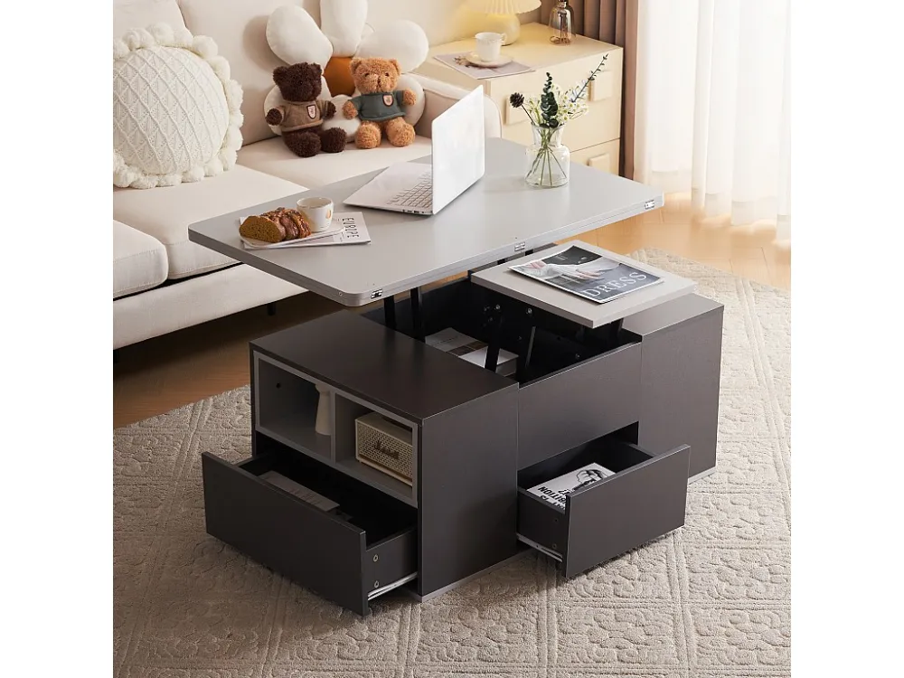 Multifunctionele opklapbare salontafel - 2 panelen 3 laden 2 compartimenten - Wit & Grijs ModernLuxe