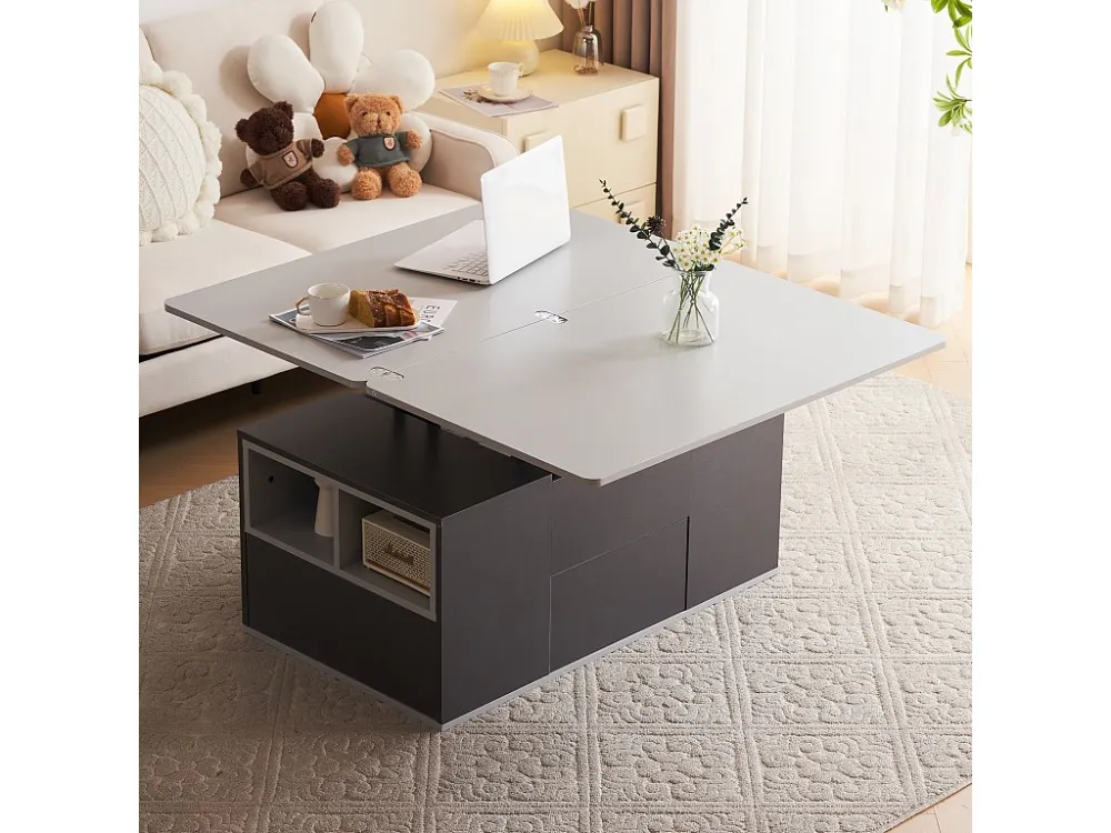 Multifunctionele opklapbare salontafel - 2 panelen 3 laden 2 compartimenten - Wit & Grijs ModernLuxe