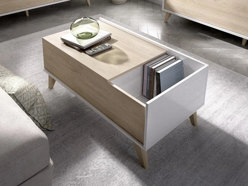 Verstelbare salontafel KOLYMA - 1 nis - Eiken & Wit