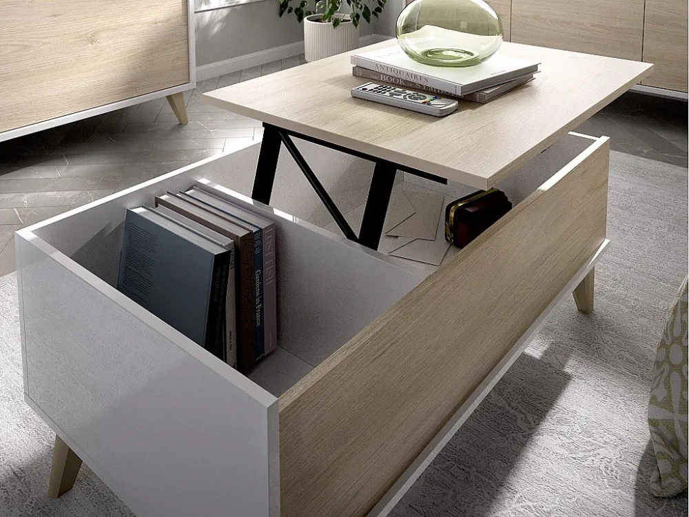Verstelbare salontafel KOLYMA - 1 nis - Eiken & Wit
