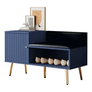 Moderne schoenenbank met één deur en PU lederen kussen - metalen poten en handgrepen - blauwe kleur - 100 x 40 x 58 cm Merax
