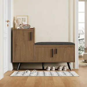 Moderne schoenenbank met 3 deuren en kussen - metalen poten en handgrepen - naturel kleur - 100 x 34 x 69 cm Merax