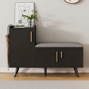Moderne schoenenbank met 3 deuren en kussen - metalen poten en handgrepen - kleur zwart - 100 x 34 x 69 cm Merax