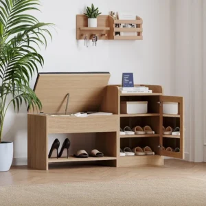 Schoenenbank met opbergruimte en rotan deur - 100 x 62,5 x 38 cm - Spaanplaat - Natuurlijk hout Merax