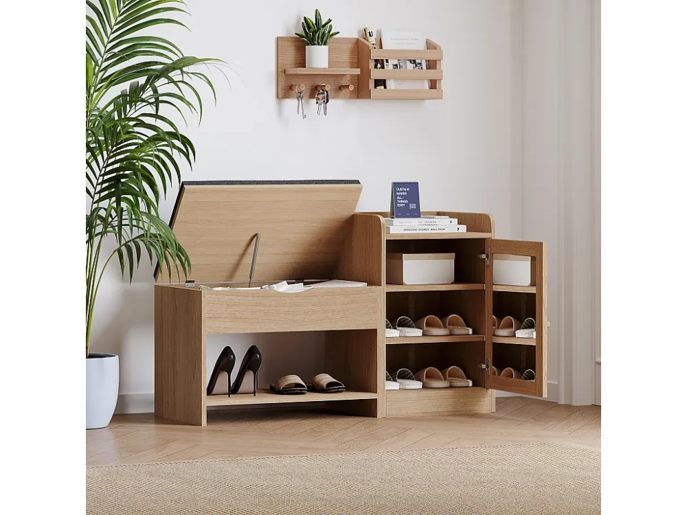 Schoenenbank met opbergruimte en rotan deur - 100 x 62,5 x 38 cm - Spaanplaat - Natuurlijk hout Merax