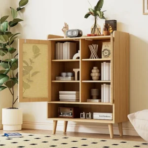 Schoenenkast van naturel rotan - 2 deuren en 5 planken - massief hout - eiken Merax