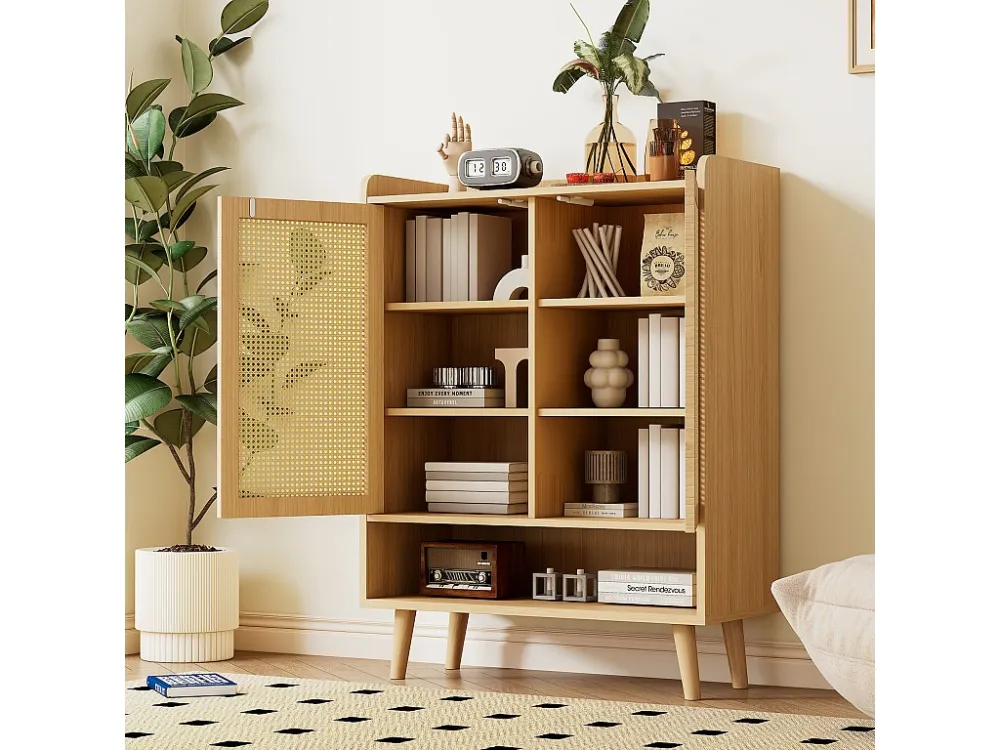 Schoenenkast van naturel rotan - 2 deuren en 5 planken - massief hout - eiken Merax