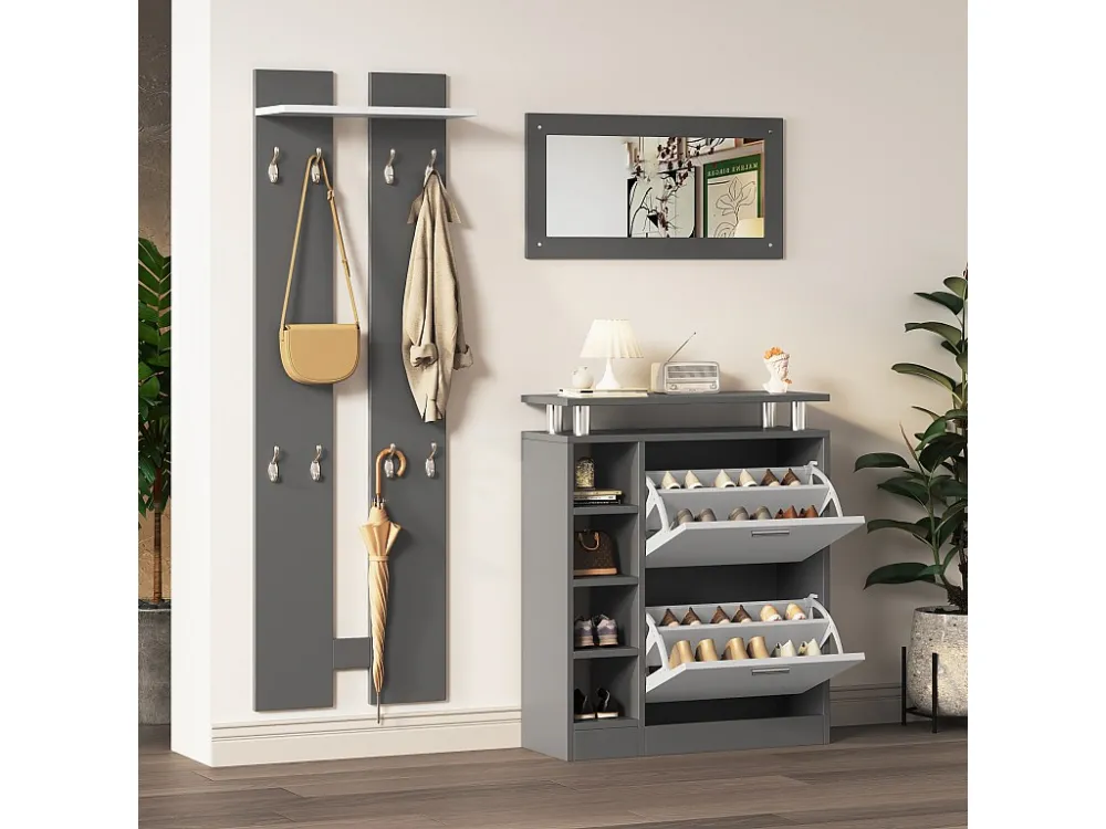 Wandkapstokset 80 x 25 x 96,5 cm, inclusief spiegel, 2 wandpanelen, plank en schoenenrek, corpus mat antracietgrijs, halme...