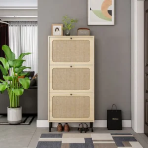 Meuble à chaussures avec 3 Porte en rotin métallique fabriqués avec des fers à repasser et MDF 60x23.5x104.5cm Naturel