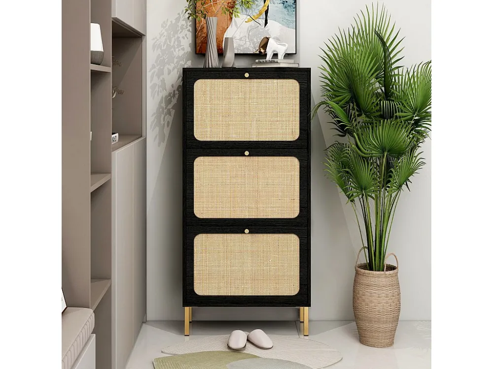 Meuble à chaussures avec 3 Porte en rotin métallique fabriqués avec des fers à repasser et MDF 60x23.5x104.5cm Noir