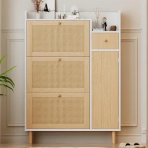 Schoenenkast hout en rotan - 3 klepdeuren en 1 lade - verstelbare plank - Naturel & Wit ModernLuxe