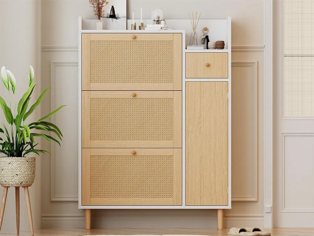Schoenenkast hout en rotan - 3 klepdeuren en 1 lade - verstelbare plank - Naturel & Wit ModernLuxe