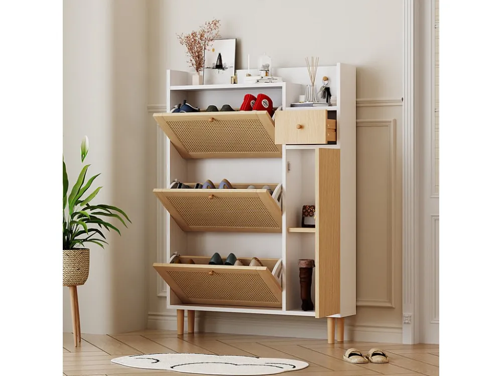 Schoenenkast hout en rotan - 3 klepdeuren en 1 lade - verstelbare plank - Naturel & Wit ModernLuxe