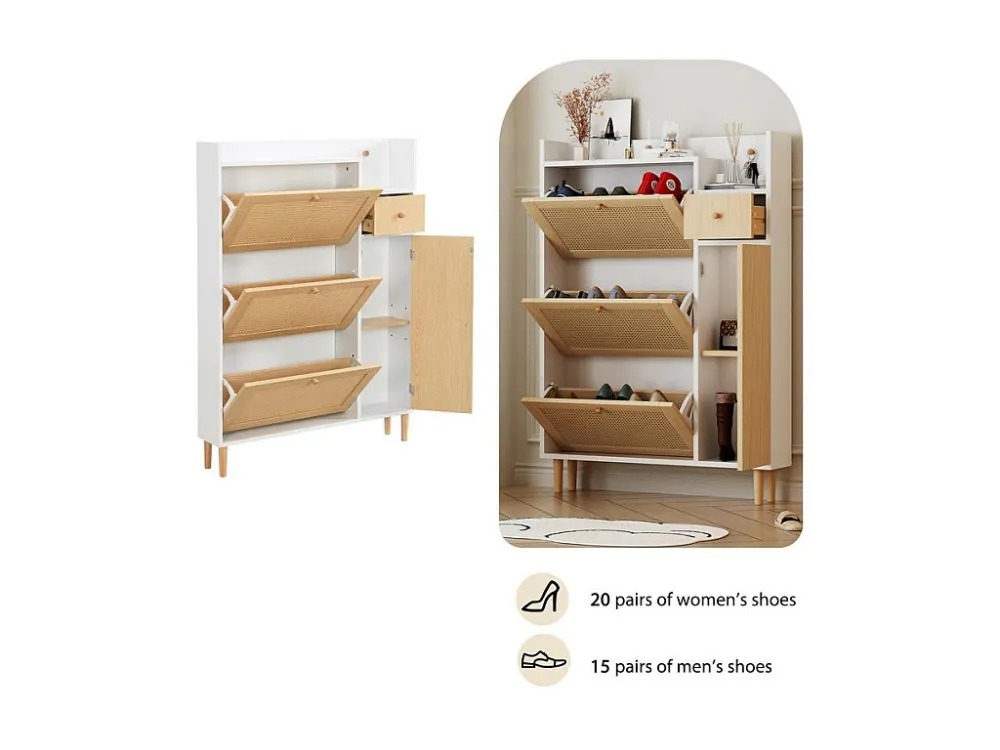Schoenenkast hout en rotan - 3 klepdeuren en 1 lade - verstelbare plank - Naturel & Wit ModernLuxe